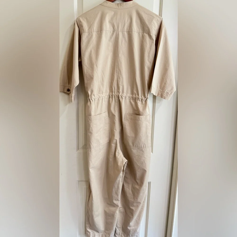 Beige Utility Jumpsuit Button Front Drawstring Waist Cropped Pockets Womens M - Picture 7 of 9